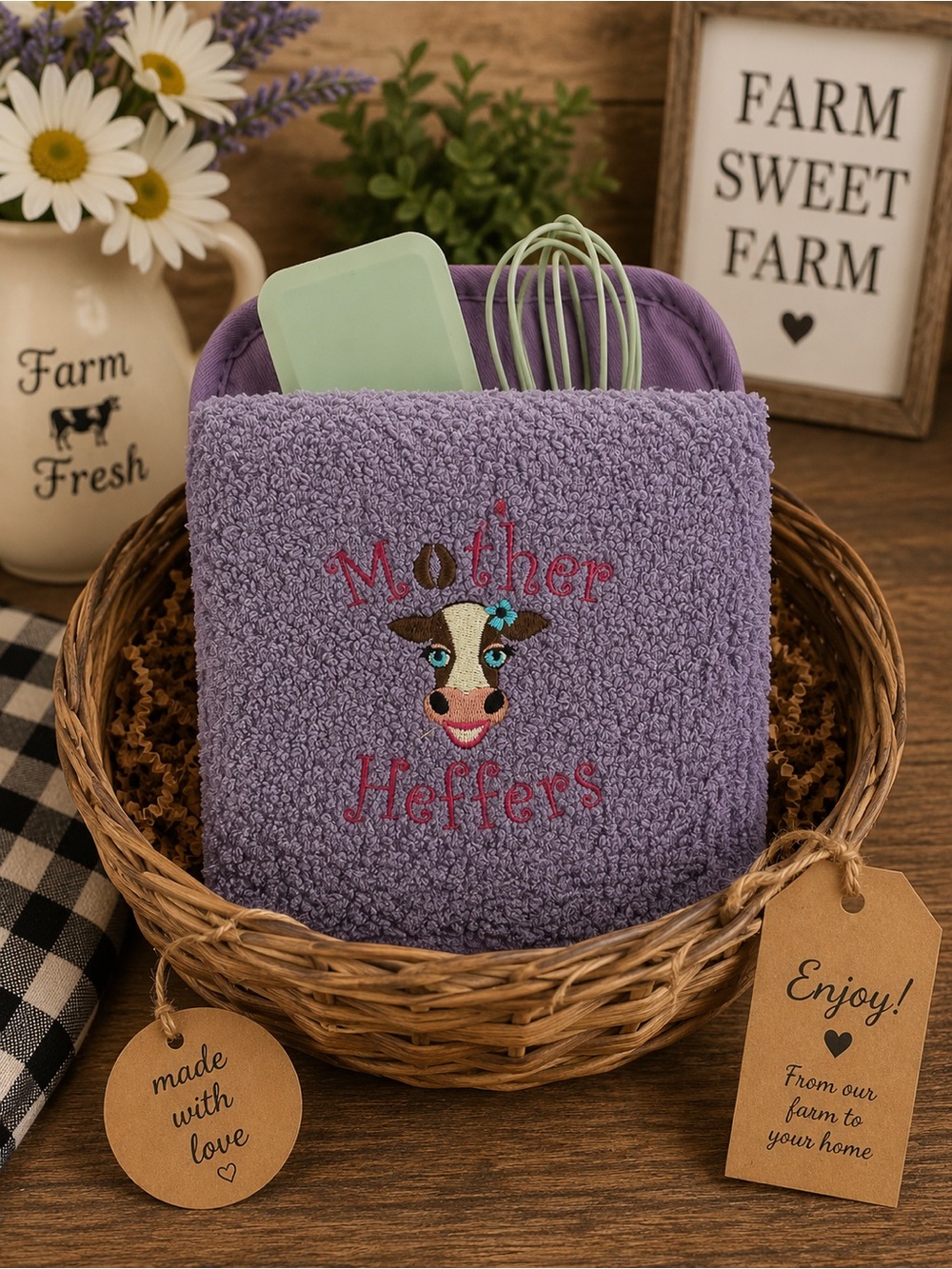 Mother Heffers Lavender Kitchen Towel - Embroidered Gift Set